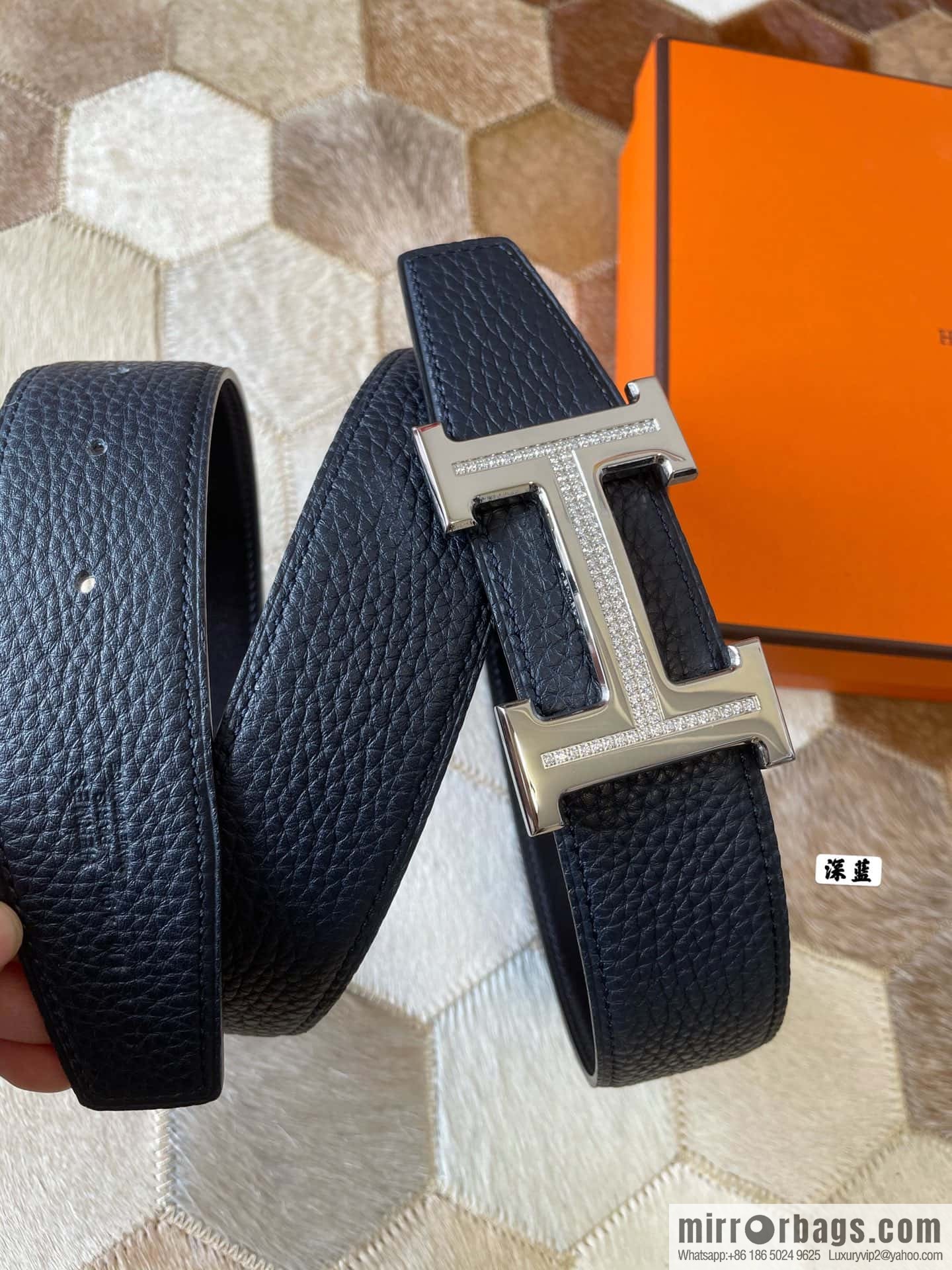 HERMES, stainless steel H single row drill, original leather lychee belt 3.8cm