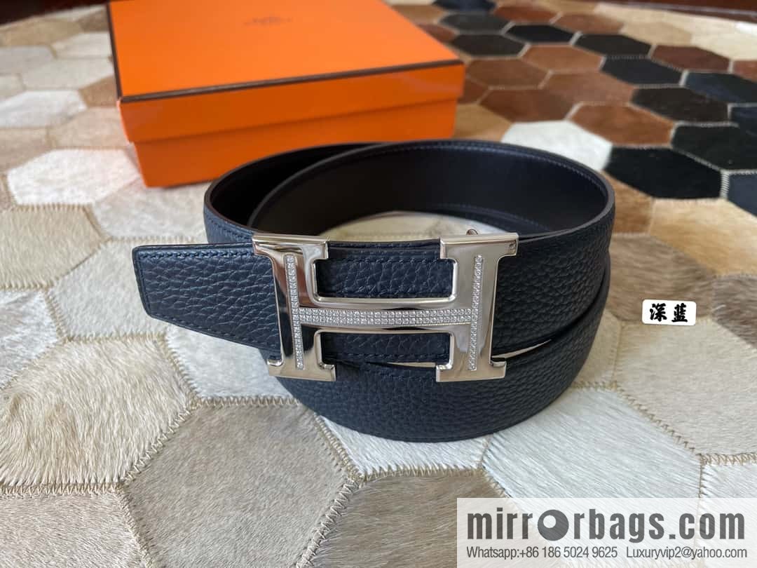 HERMES, stainless steel H single row drill, original leather lychee belt 3.8cm