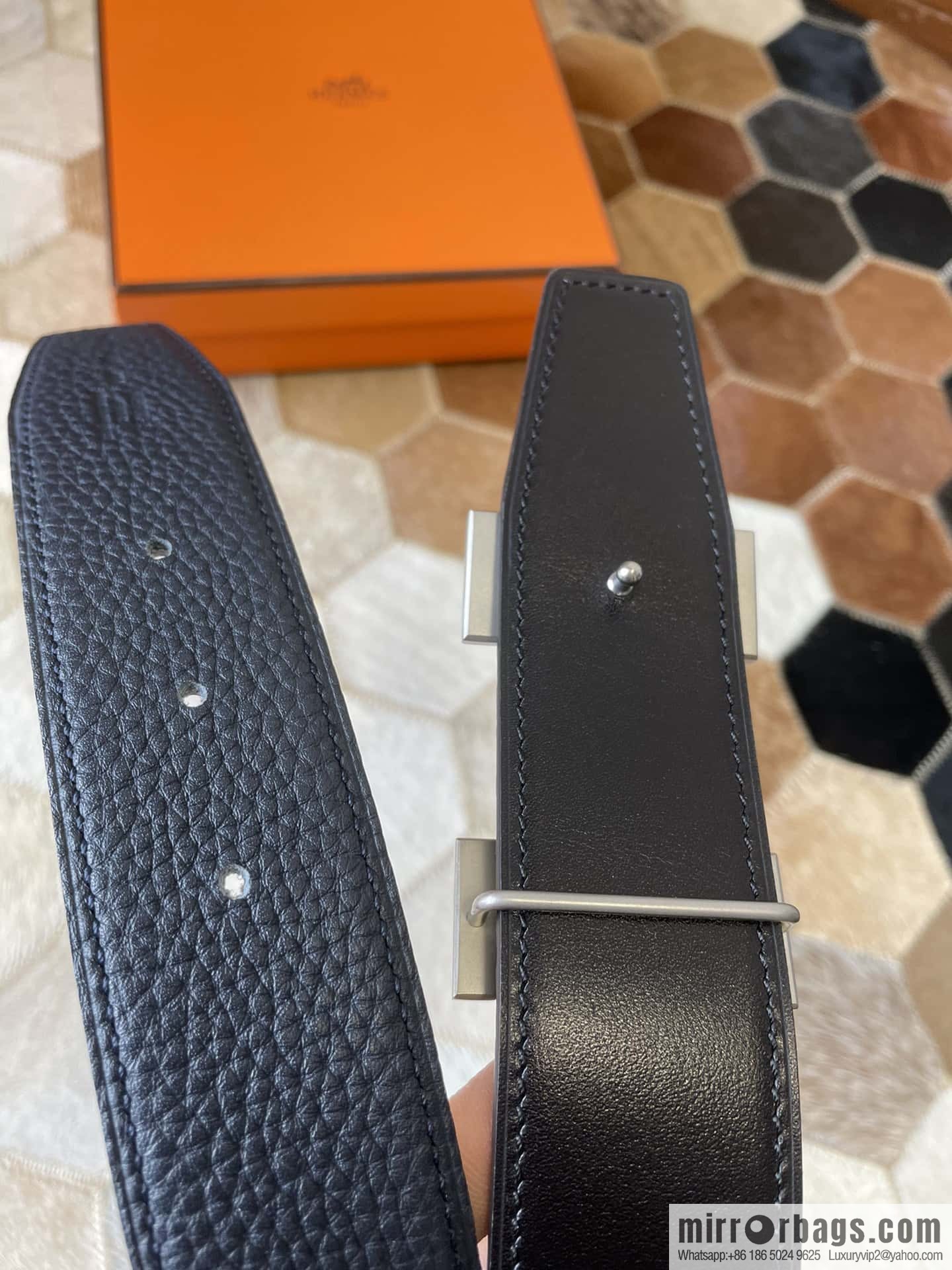 HERMES, stainless steel H single row drill, original leather lychee belt 3.8cm
