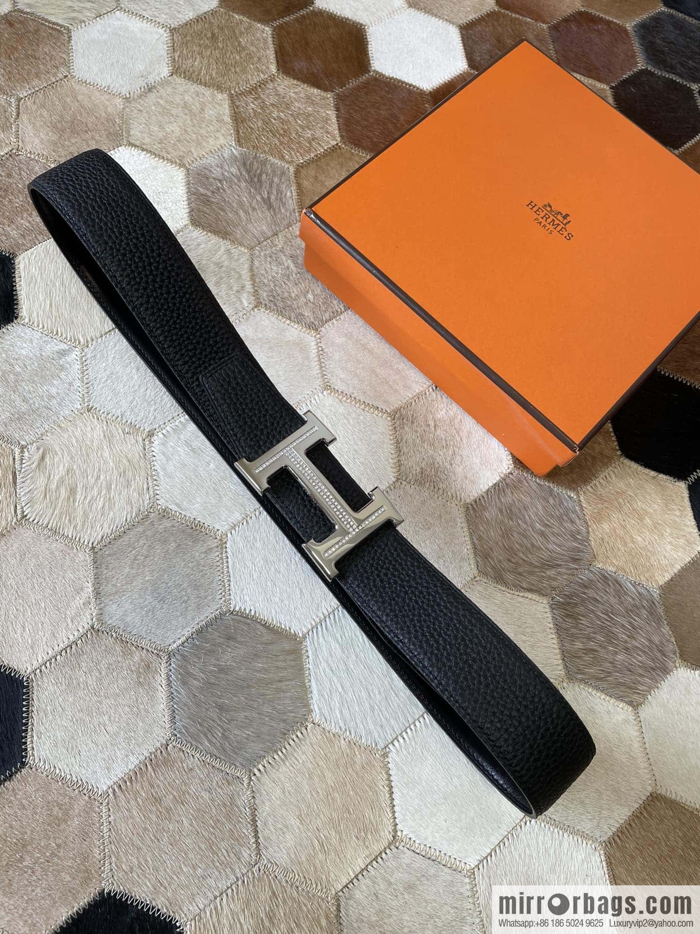HERMES, stainless steel H single row drill, original leather lychee belt 3.8cm