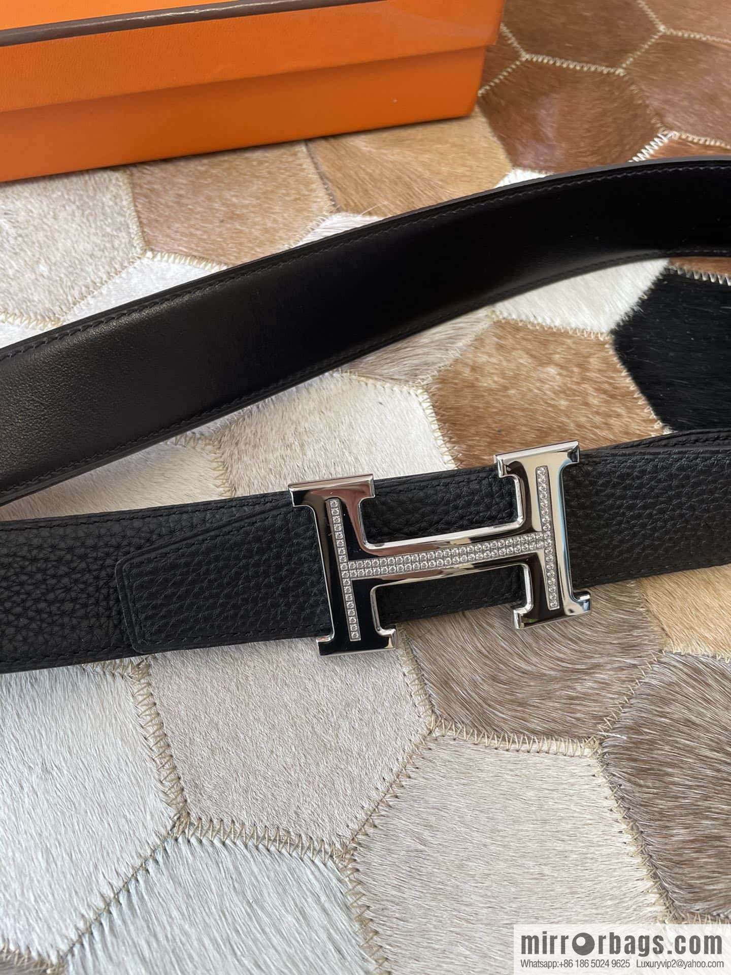HERMES, stainless steel H single row drill, original leather lychee belt 3.8cm