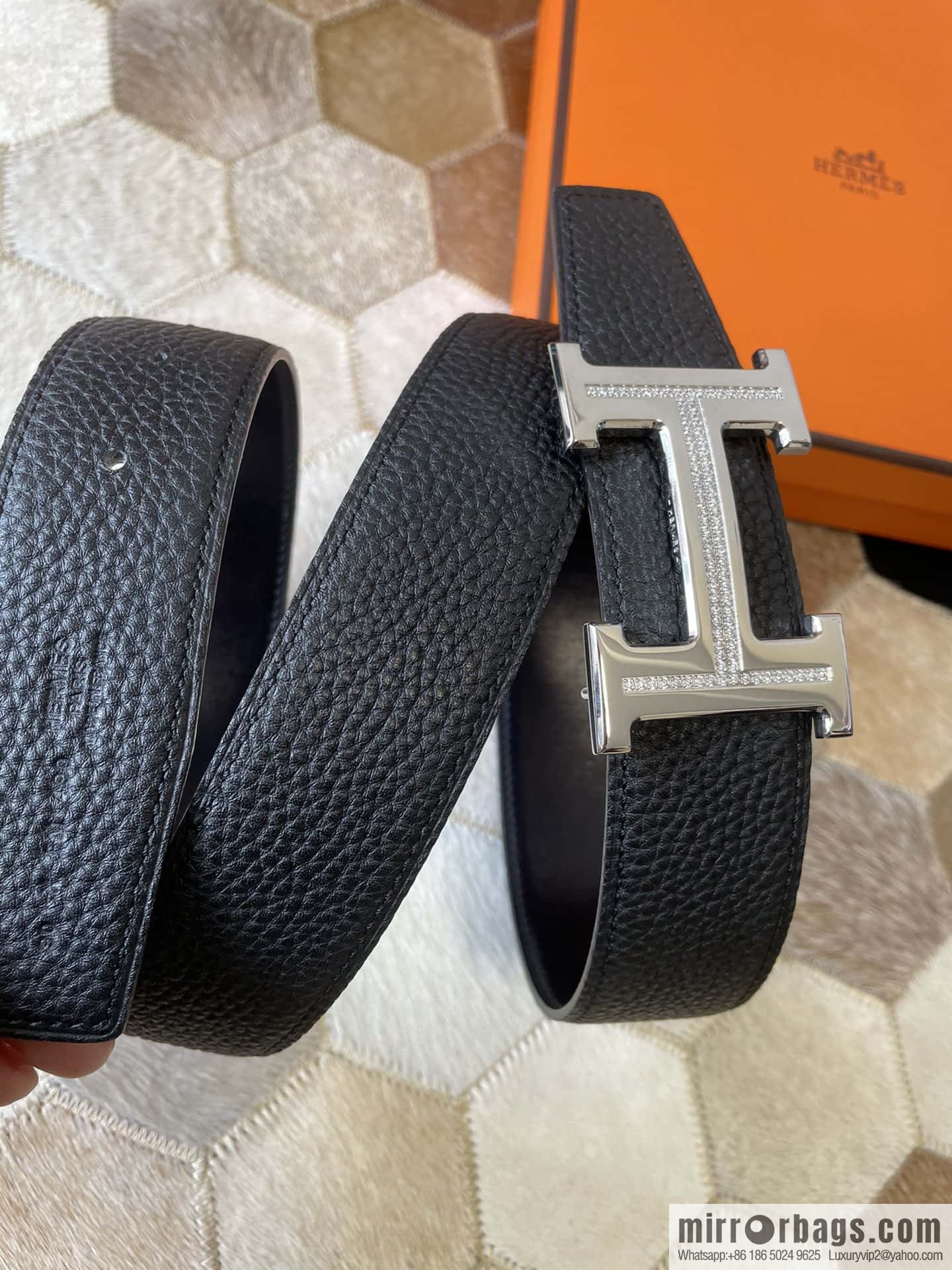 HERMES, stainless steel H single row drill, original leather lychee belt 3.8cm