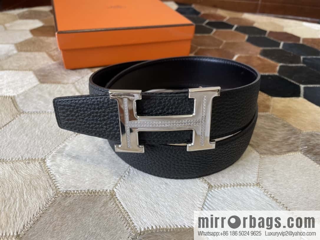 HERMES, stainless steel H single row drill, original leather lychee belt 3.8cm