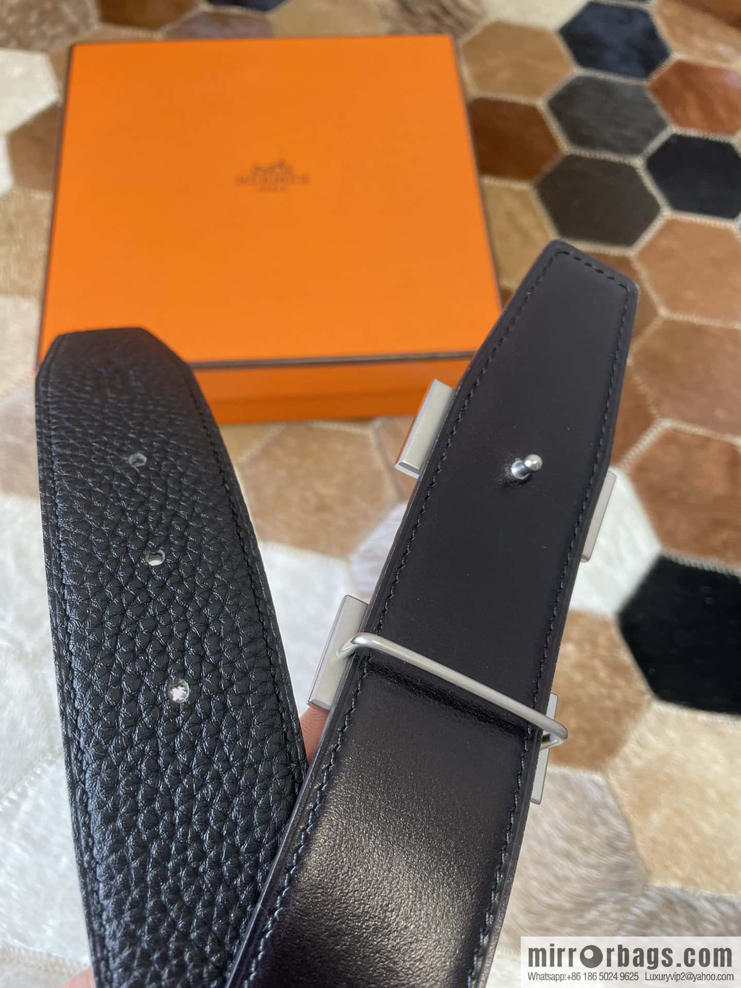 HERMES, stainless steel H single row drill, original leather lychee belt 3.8cm