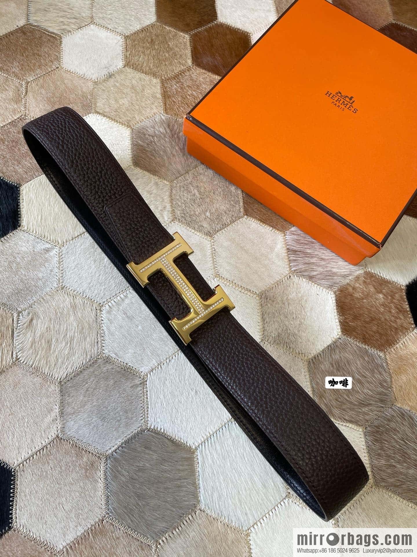HERMES, stainless steel H single row drill, original leather lychee belt 3.8cm