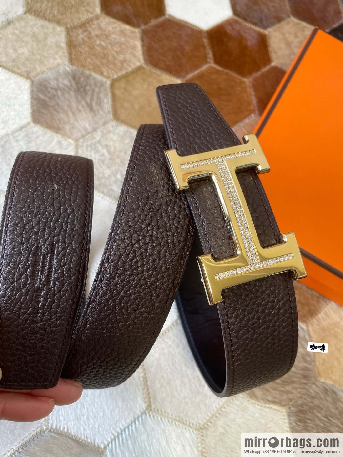 HERMES, stainless steel H single row drill, original leather lychee belt 3.8cm