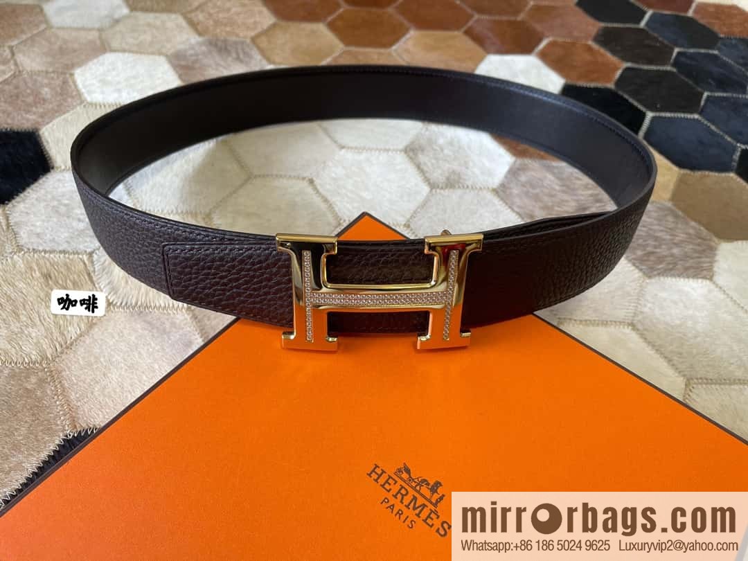 HERMES, stainless steel H single row drill, original leather lychee belt 3.8cm