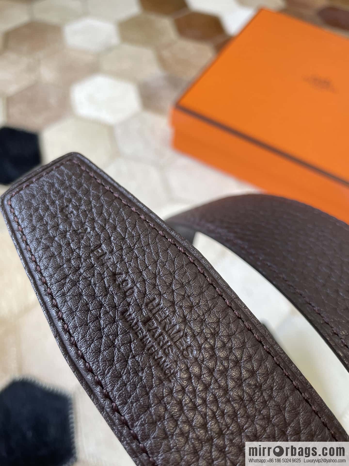 HERMES, stainless steel H single row drill, original leather lychee belt 3.8cm