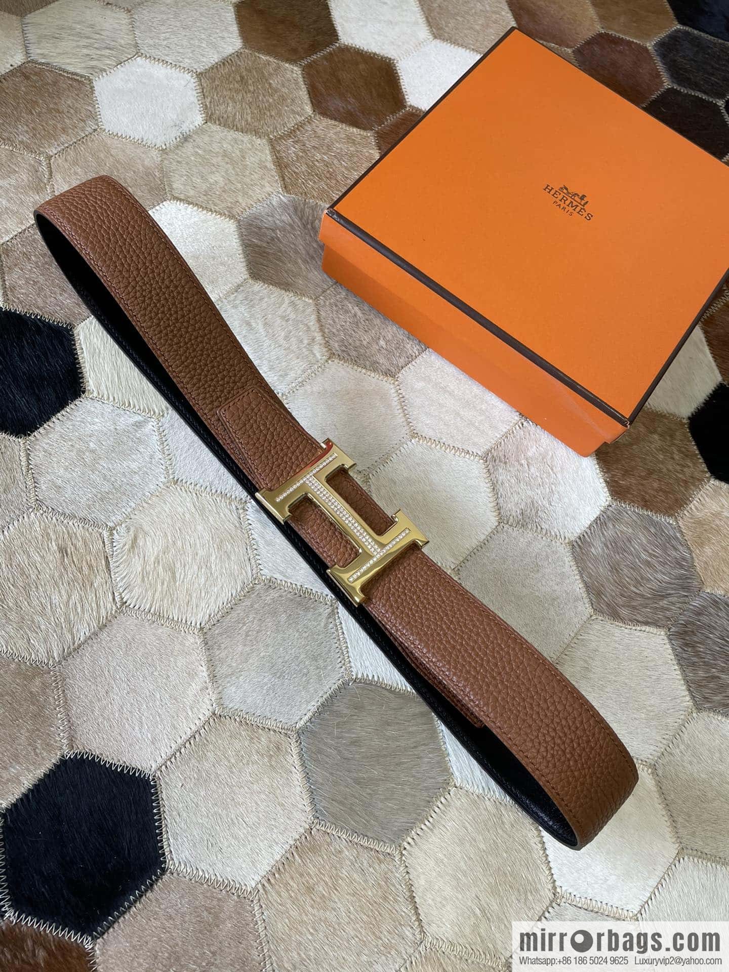 HERMES, stainless steel H single row drill, original leather lychee belt 3.8cm