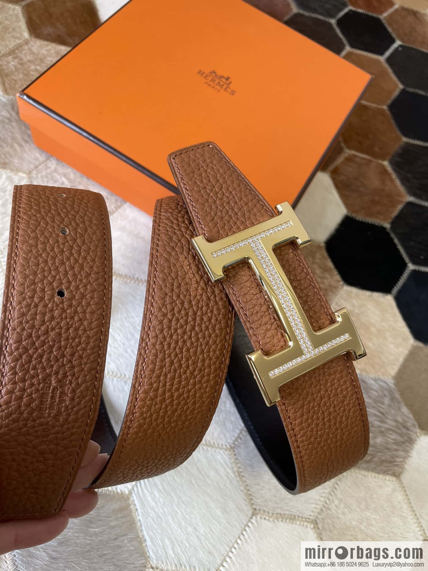 HERMES, stainless steel H single row drill, original leather lychee belt 3.8cm