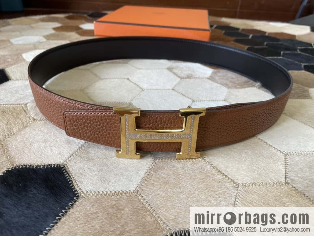 HERMES, stainless steel H single row drill, original leather lychee belt 3.8cm