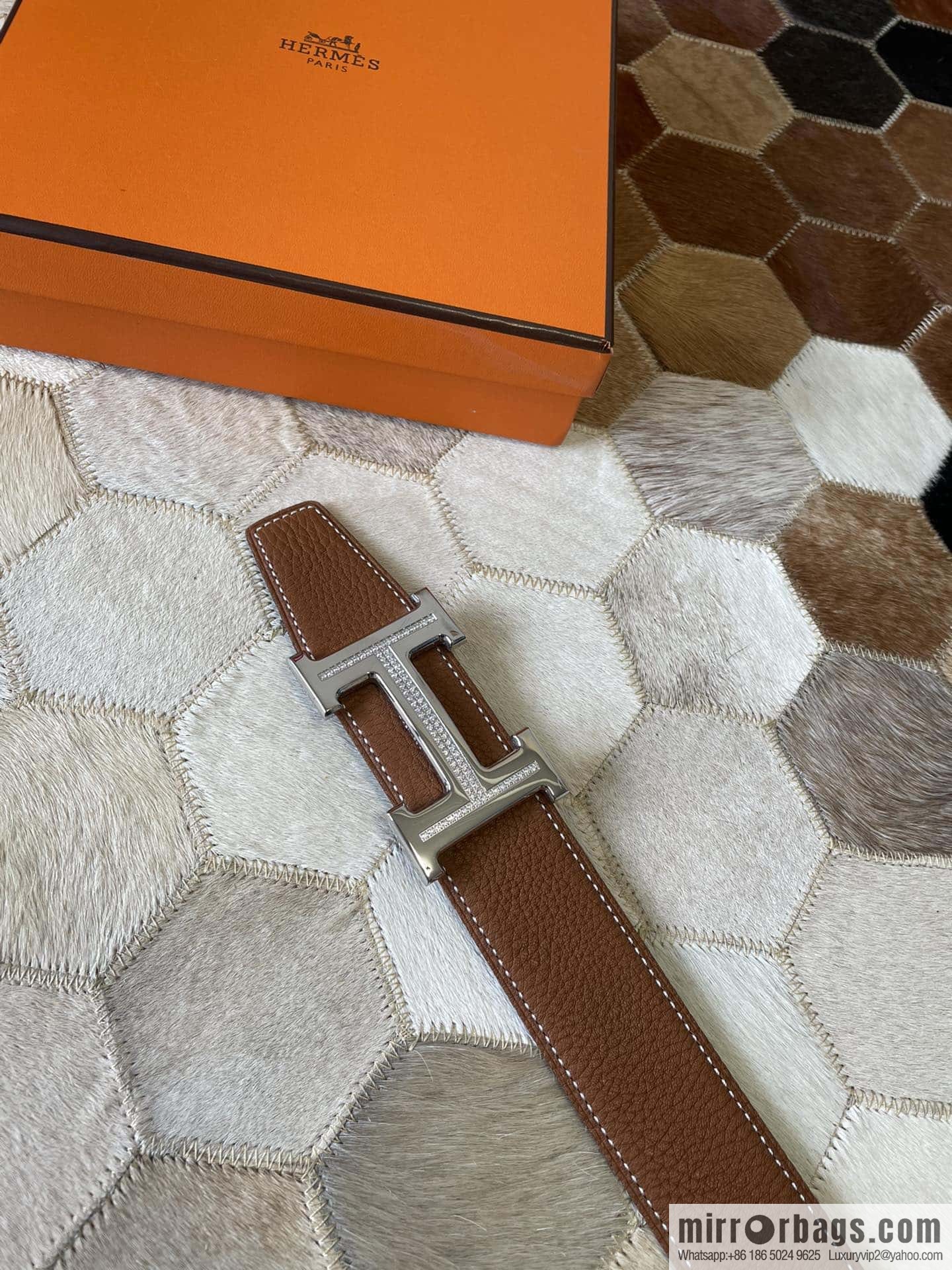 HERMES, stainless steel H single row drill, original leather lychee belt 3.8cm
