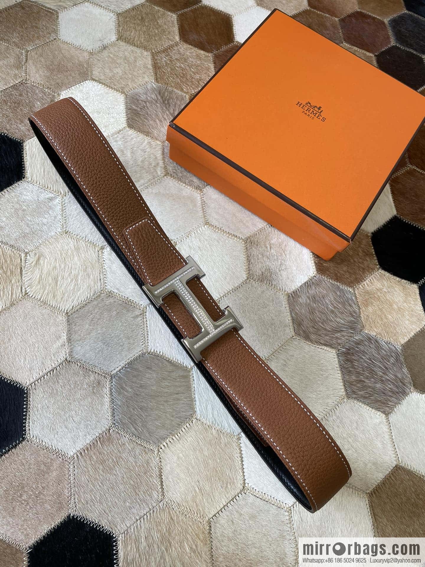 HERMES, stainless steel H single row drill, original leather lychee belt 3.8cm