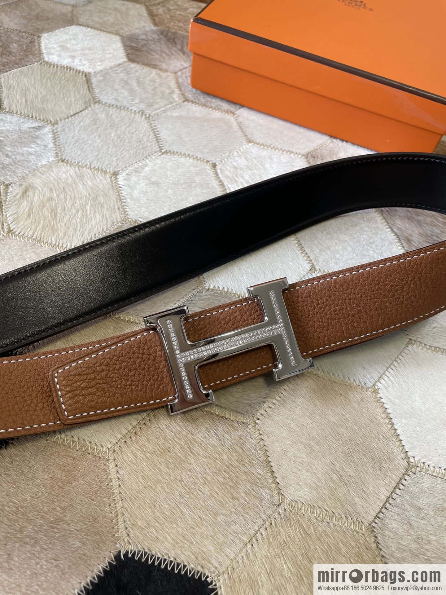 HERMES, stainless steel H single row drill, original leather lychee belt 3.8cm
