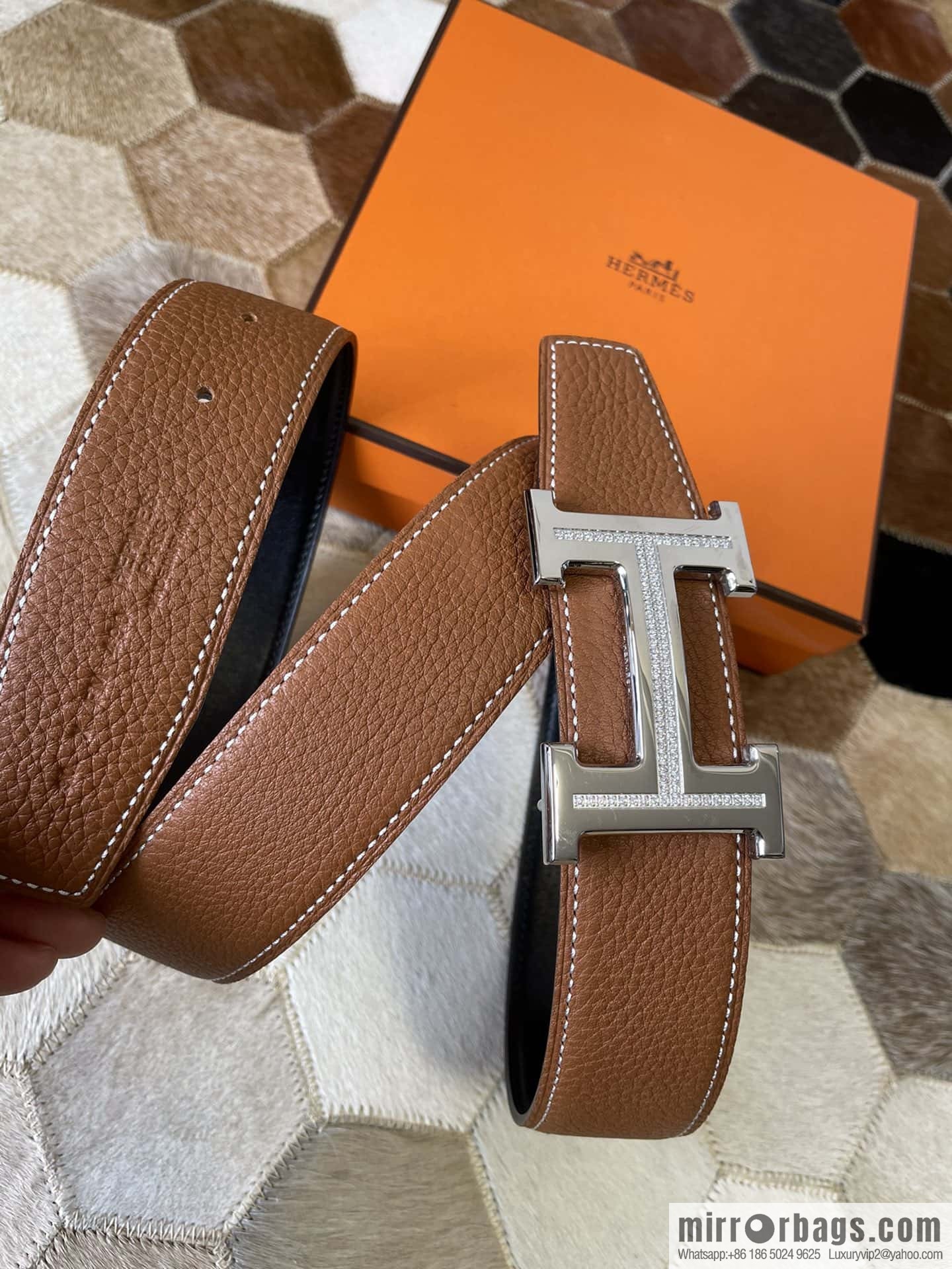 HERMES, stainless steel H single row drill, original leather lychee belt 3.8cm