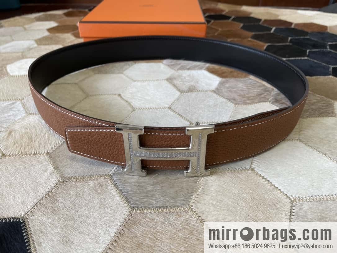 HERMES, stainless steel H single row drill, original leather lychee belt 3.8cm