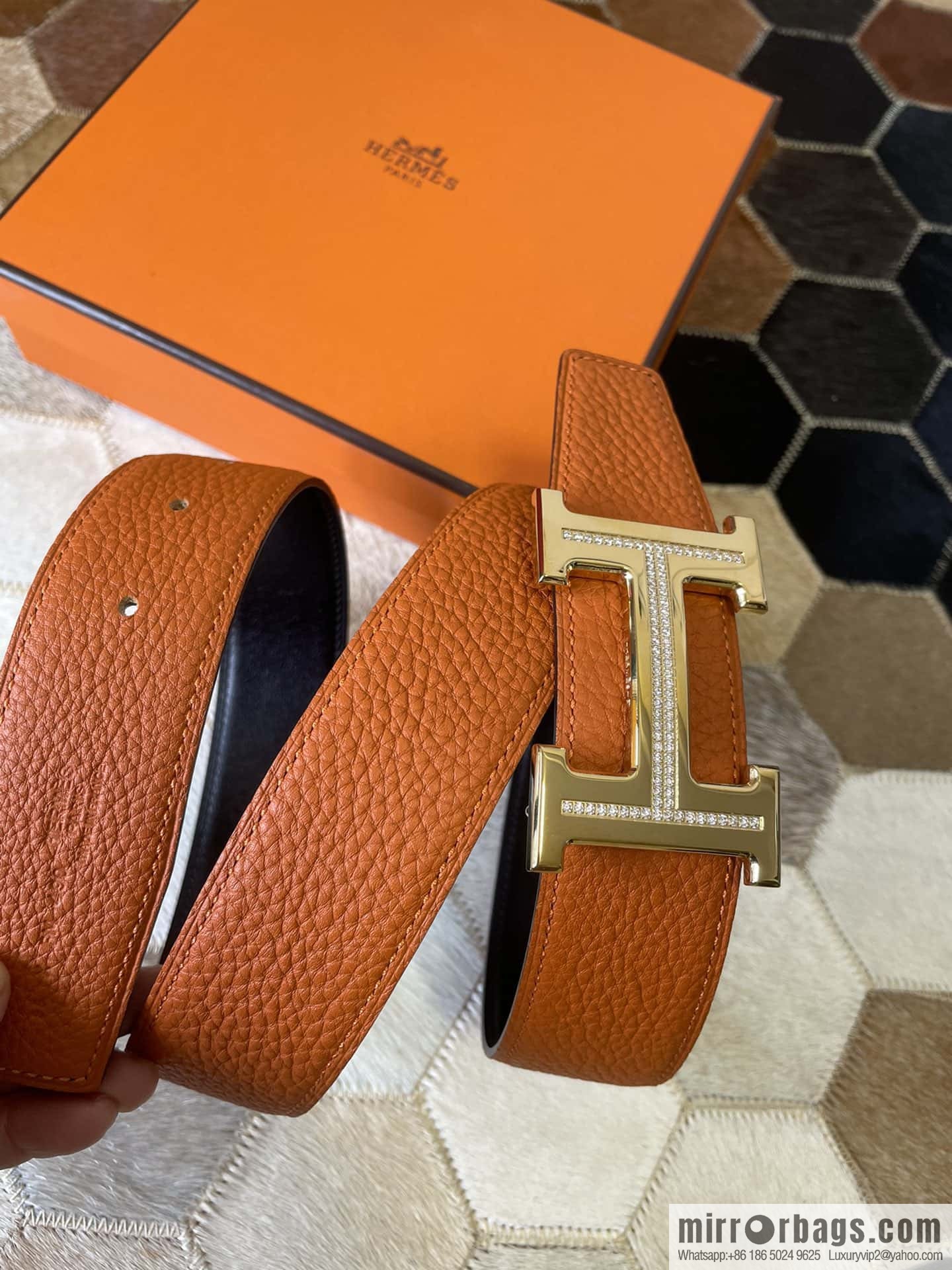 HERMES, stainless steel H single row drill, original leather lychee belt 3.8cm