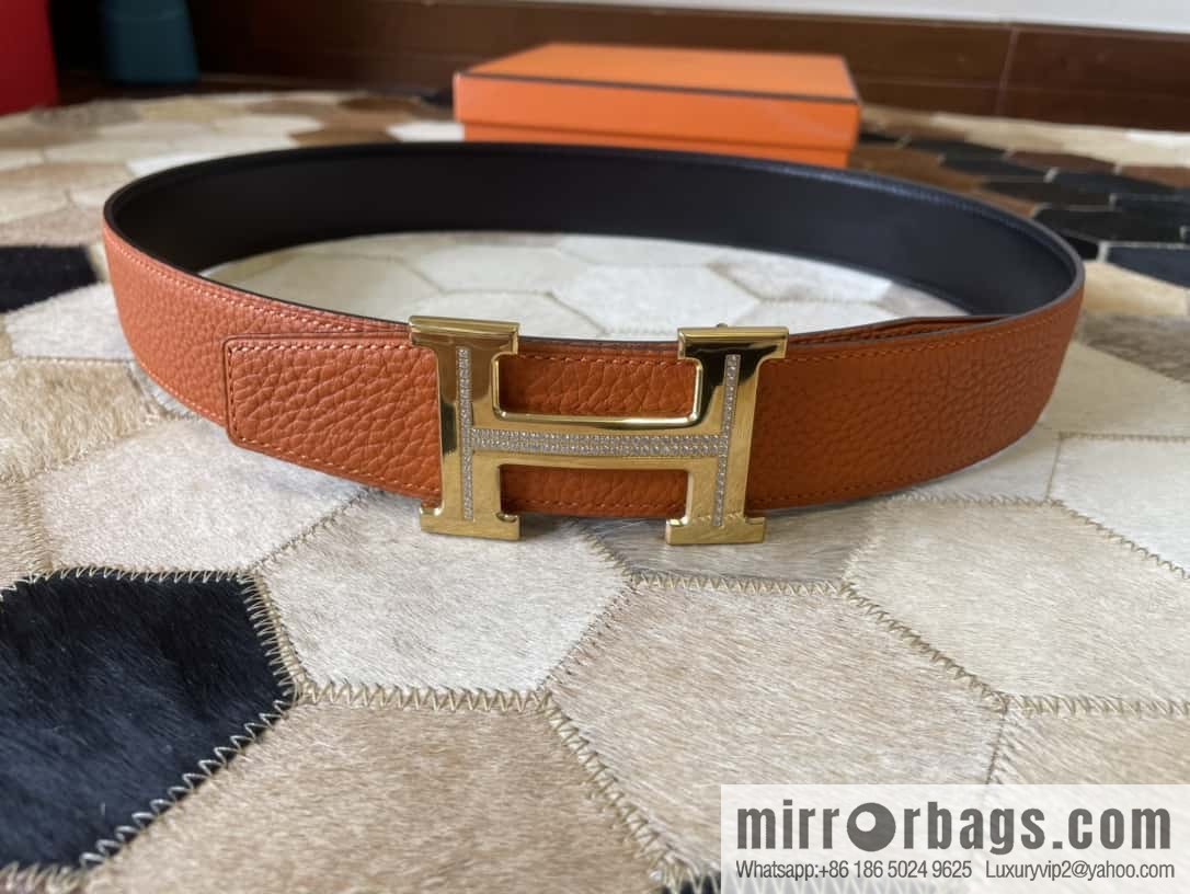 HERMES, stainless steel H single row drill, original leather lychee belt 3.8cm