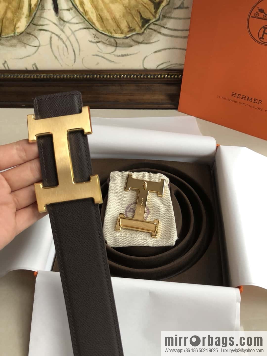 Hermes Hermes, original leather palm pattern metal H large logo double-sided belt 3.8CM