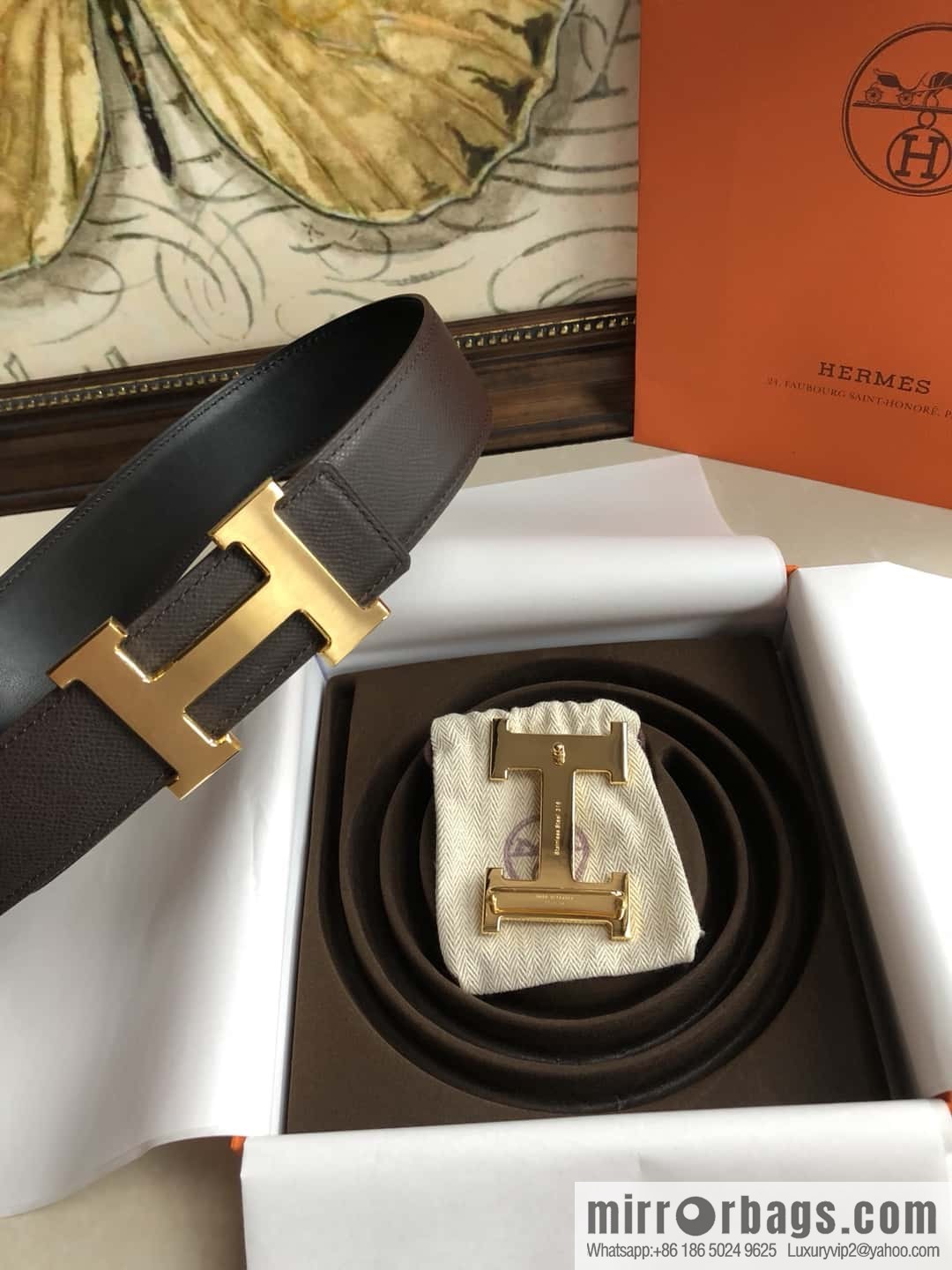 Hermes Hermes, original leather palm pattern metal H large logo double-sided belt 3.8CM