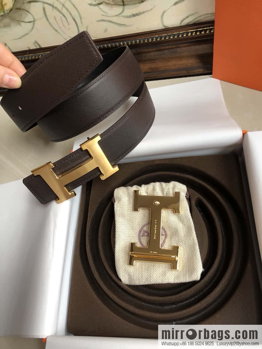 Hermes Hermes, original leather palm pattern metal H large logo double-sided belt 3.8CM