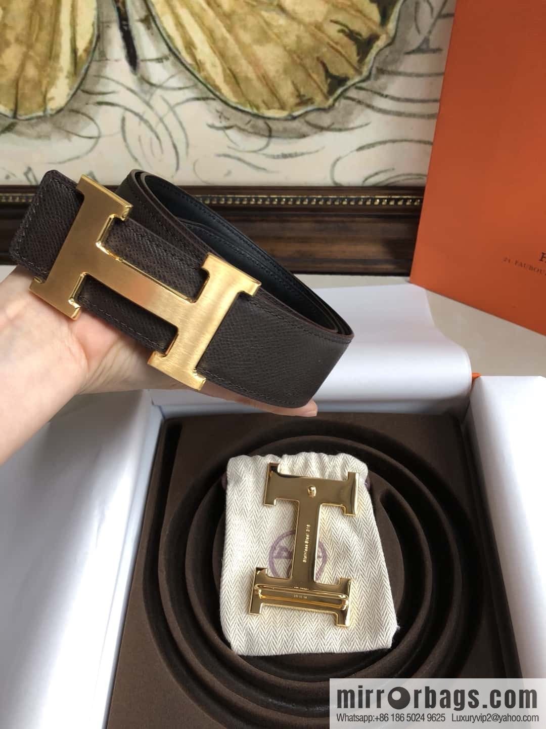 Hermes Hermes, original leather palm pattern metal H large logo double-sided belt 3.8CM
