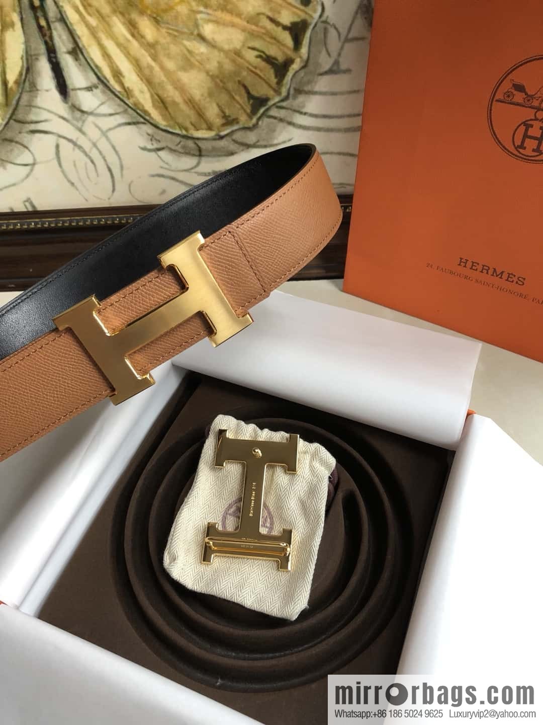 Hermes Hermes, original leather palm pattern metal H large logo double-sided belt 3.8CM