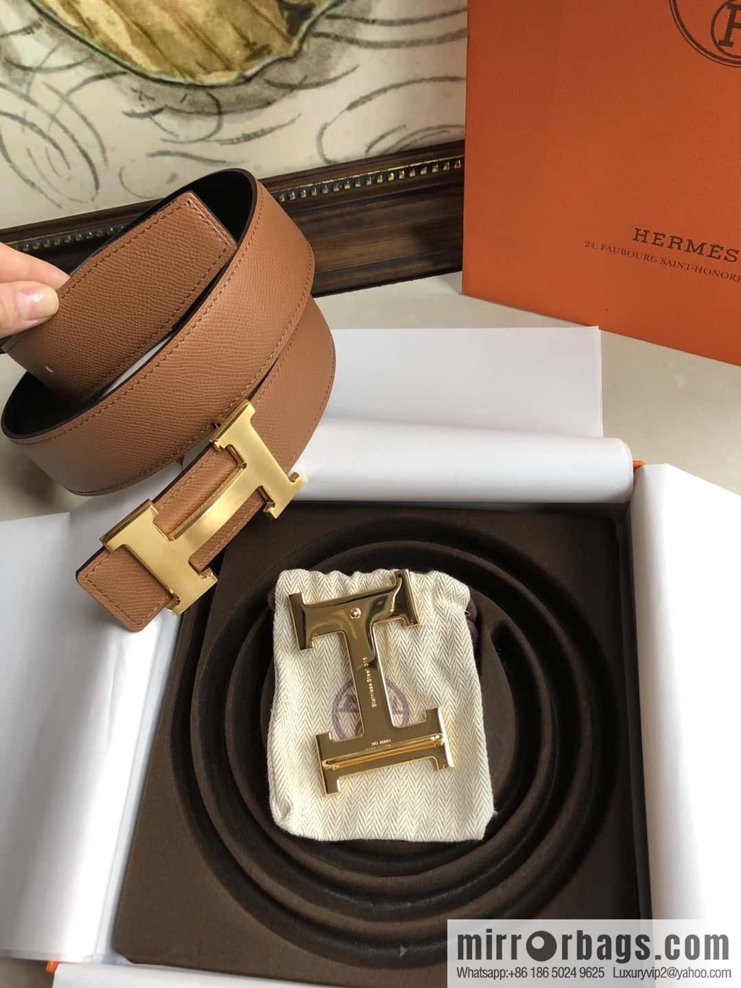 Hermes Hermes, original leather palm pattern metal H large logo double-sided belt 3.8CM