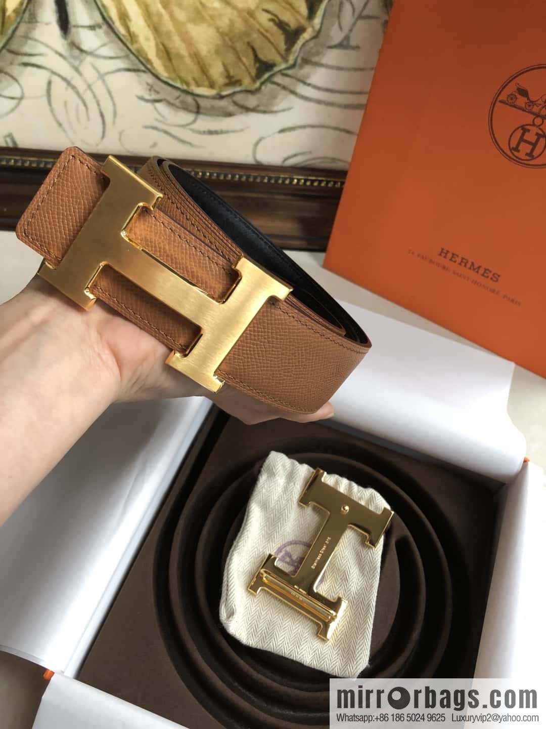 Hermes Hermes, original leather palm pattern metal H large logo double-sided belt 3.8CM