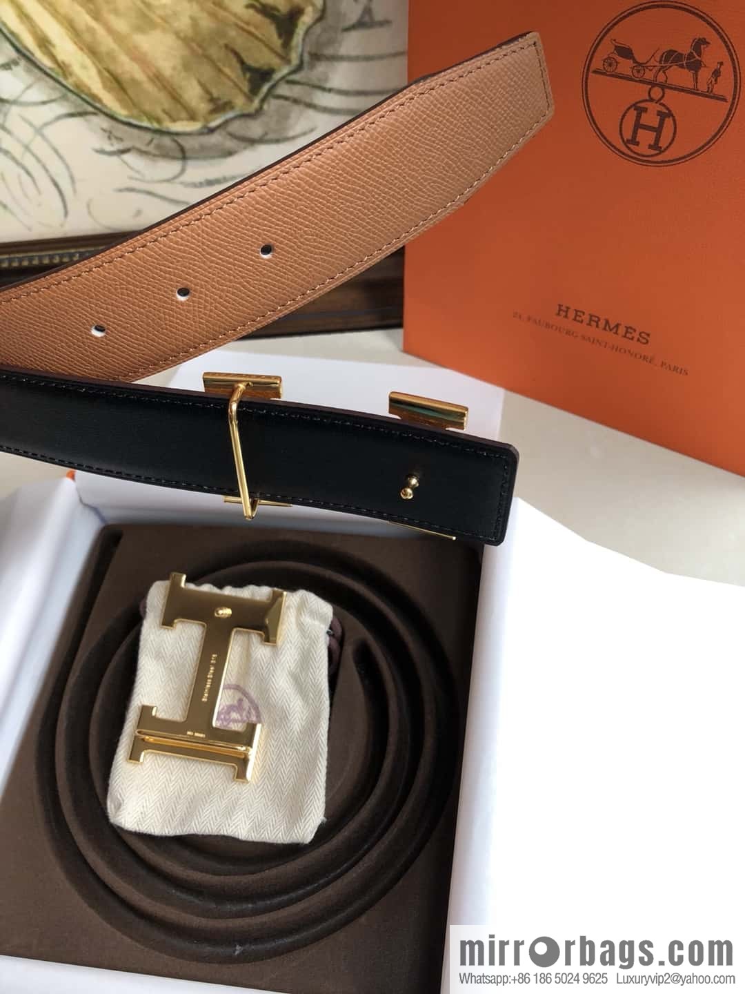 Hermes Hermes, original leather palm pattern metal H large logo double-sided belt 3.8CM