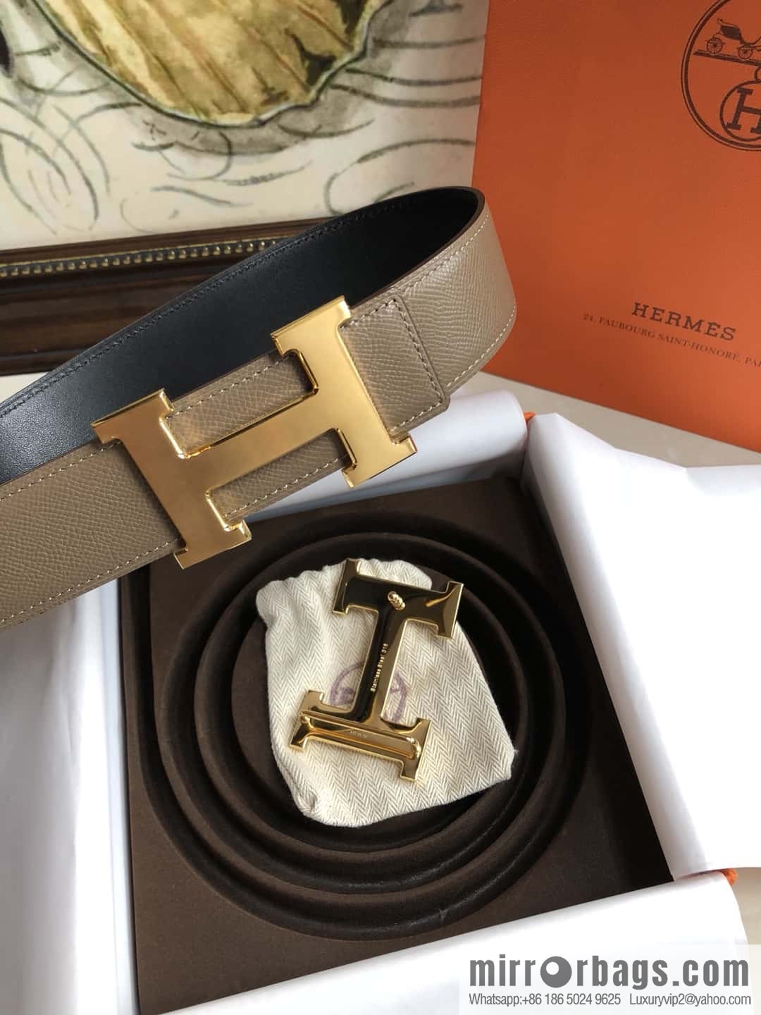 Hermes Hermes, original leather palm pattern metal H large logo double-sided belt 3.8CM