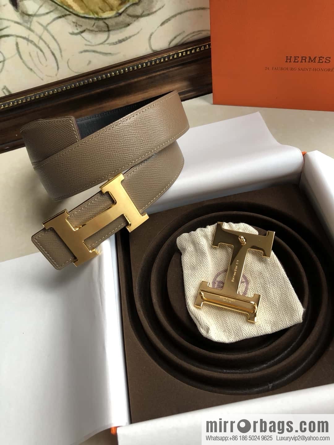 Hermes Hermes, original leather palm pattern metal H large logo double-sided belt 3.8CM
