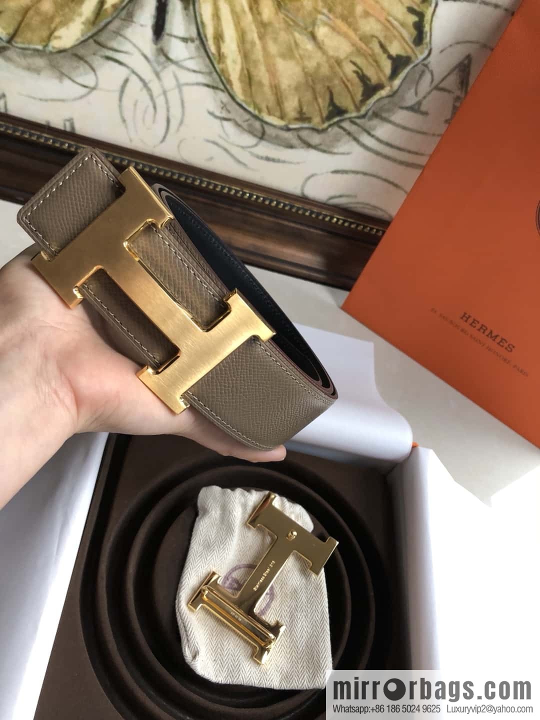 Hermes Hermes, original leather palm pattern metal H large logo double-sided belt 3.8CM