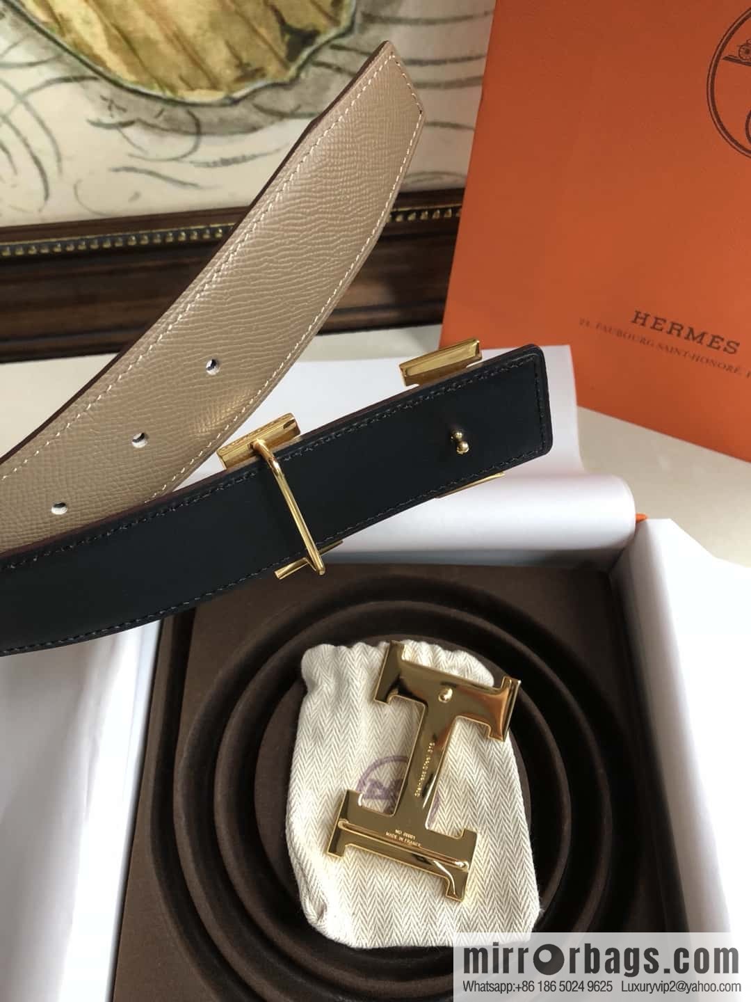 Hermes Hermes, original leather palm pattern metal H large logo double-sided belt 3.8CM