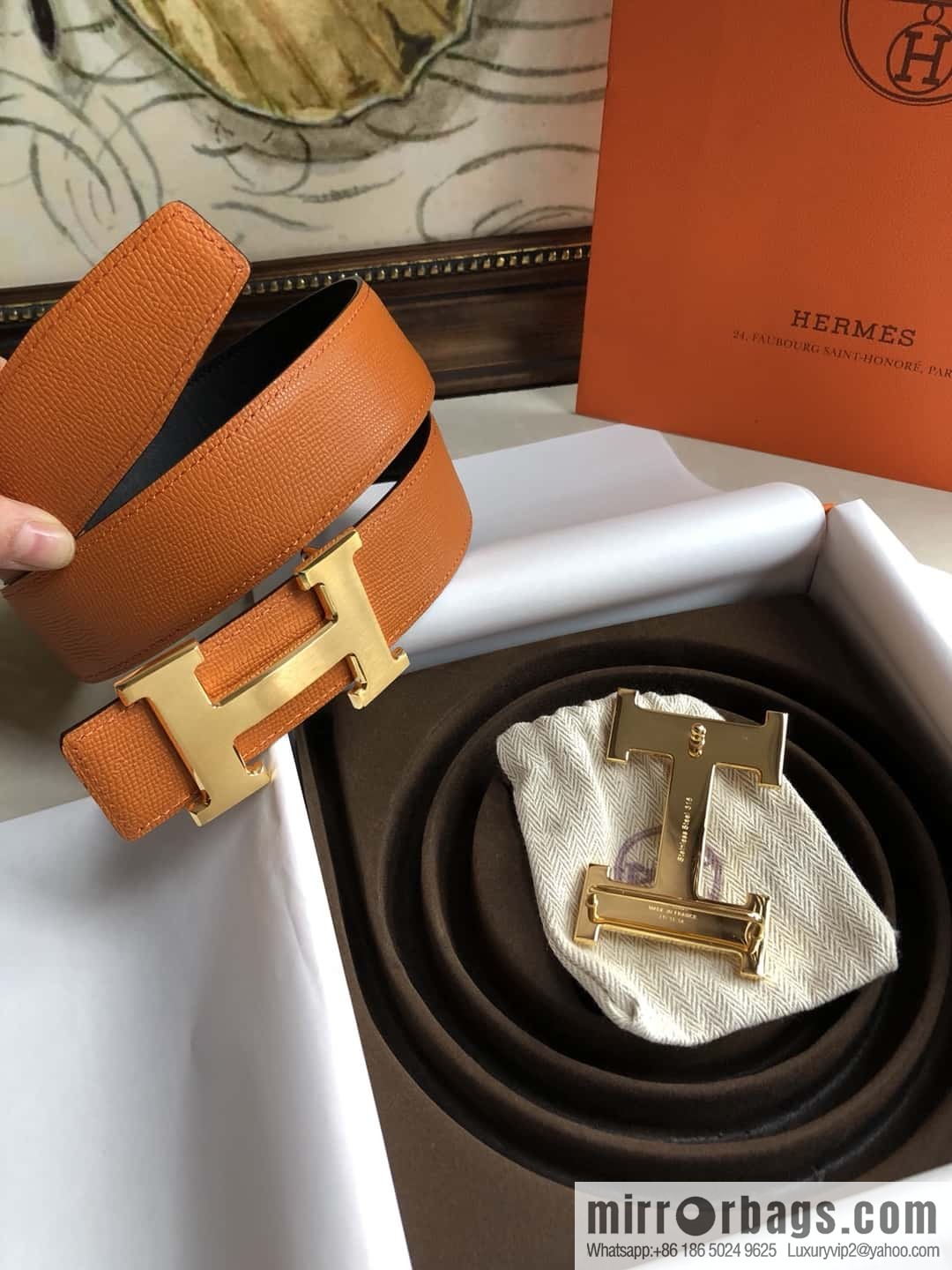 Hermes Hermes, original leather palm pattern metal H large logo double-sided belt 3.8CM
