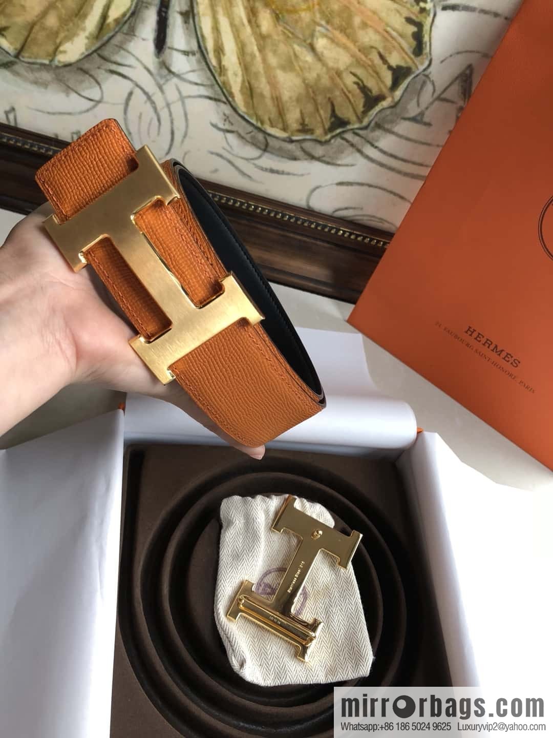 Hermes Hermes, original leather palm pattern metal H large logo double-sided belt 3.8CM