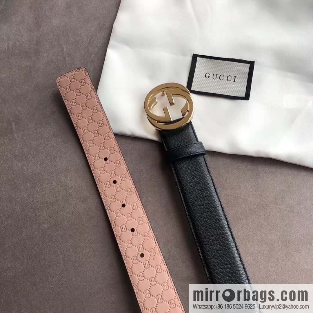 Gucci Gucci new 3.5cm men's and women's same full leather black gold/silver buckle GG belt