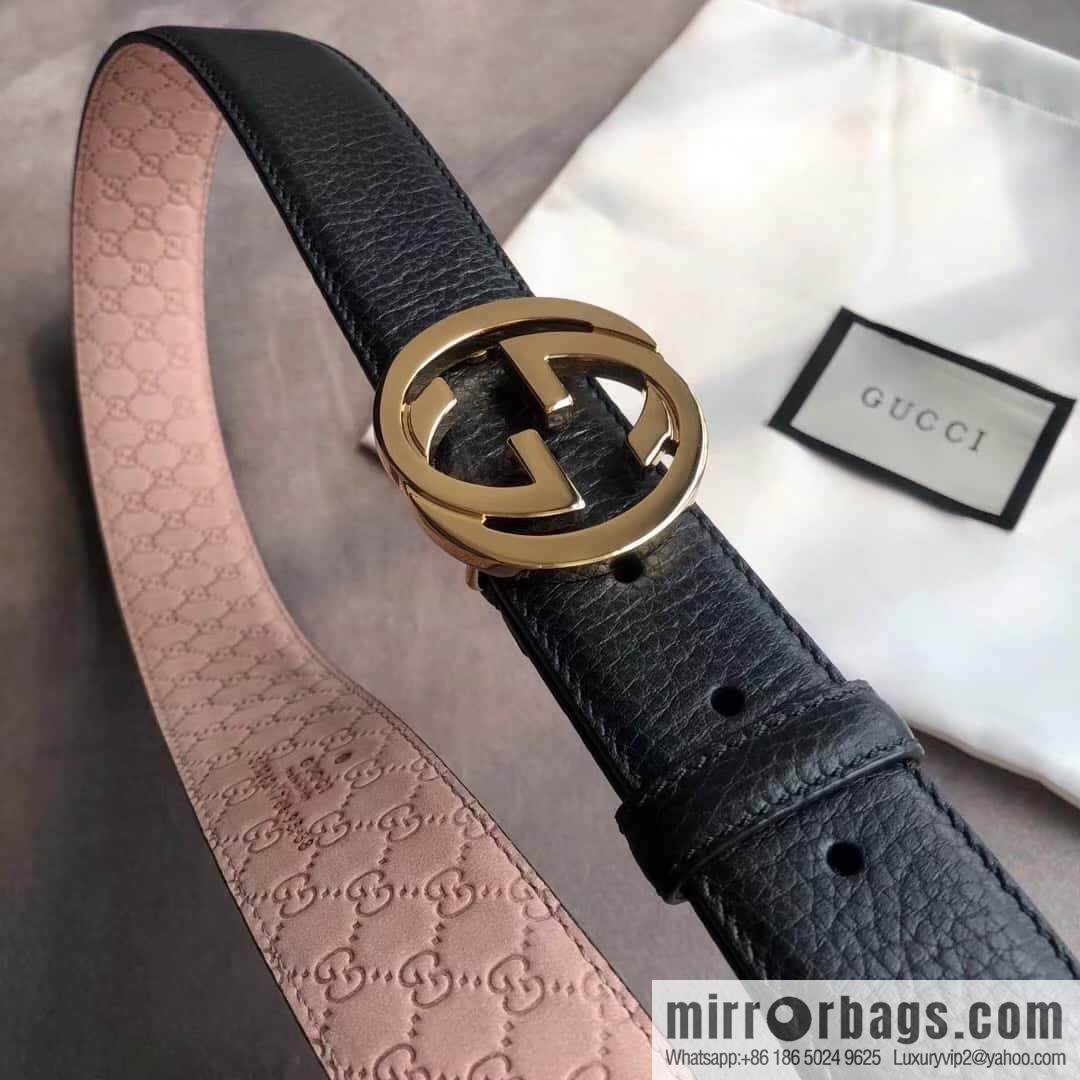 Gucci Gucci new 3.5cm men's and women's same full leather black gold/silver buckle GG belt