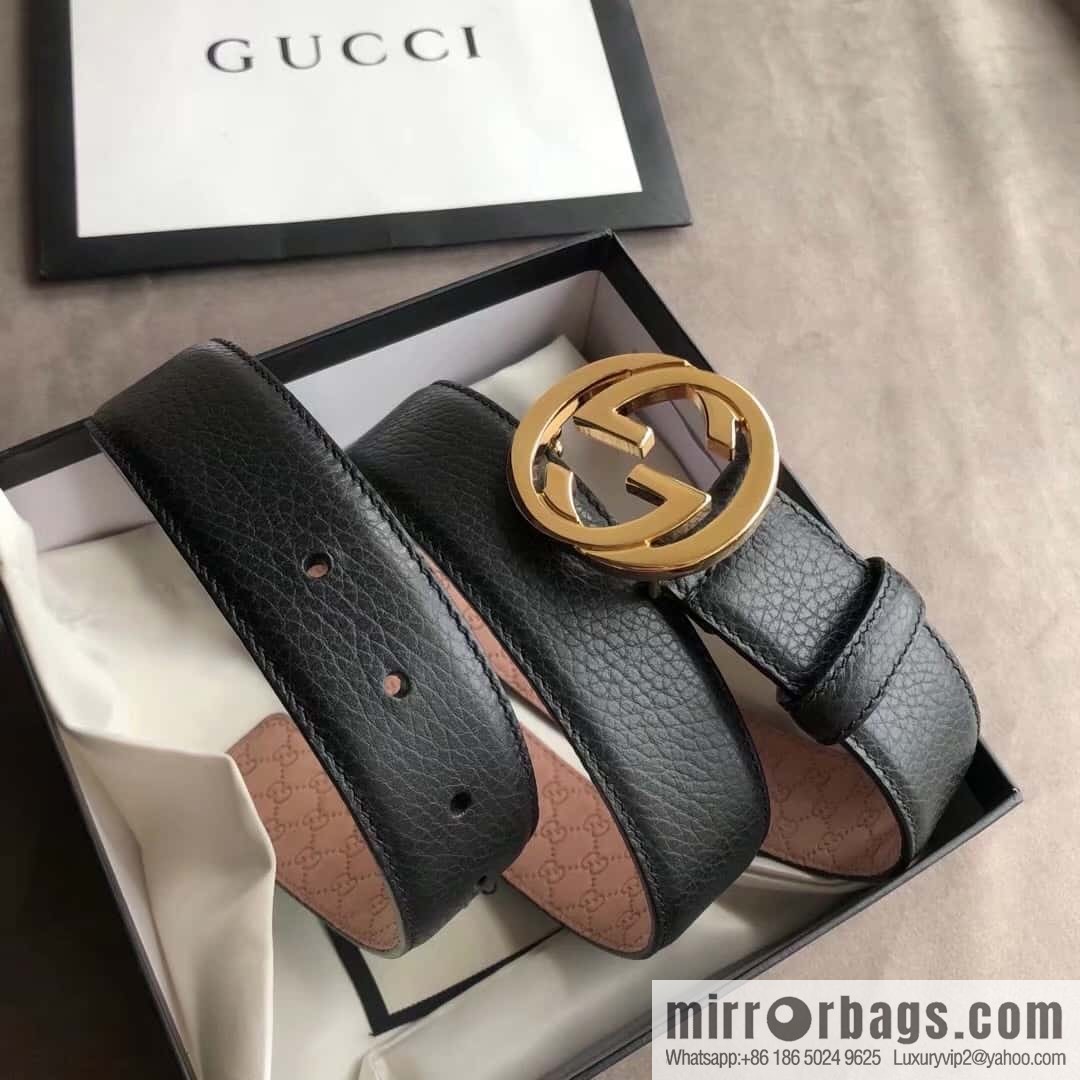 Gucci Gucci new 3.5cm men's and women's same full leather black gold/silver buckle GG belt