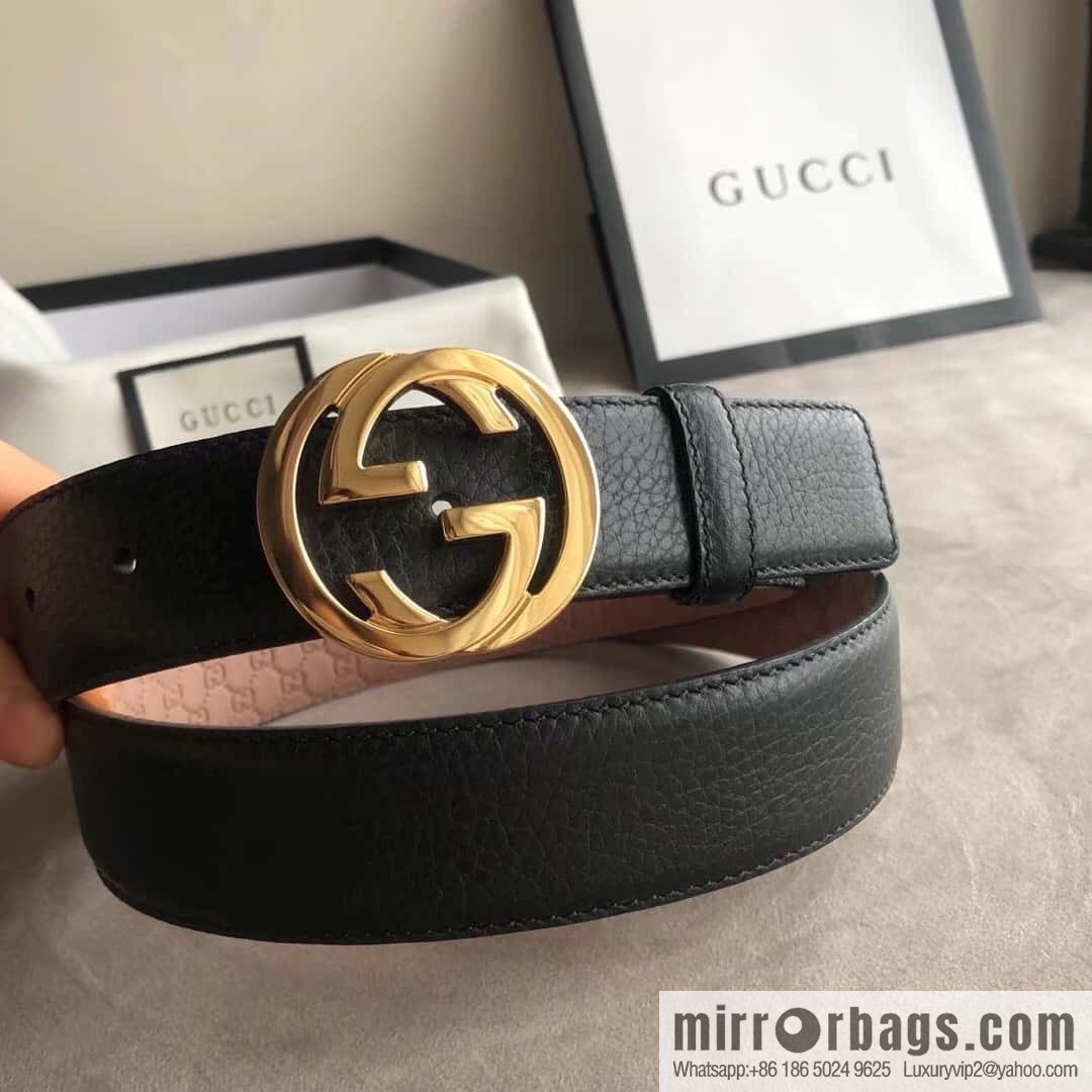 Gucci Gucci new 3.5cm men's and women's same full leather black gold/silver buckle GG belt
