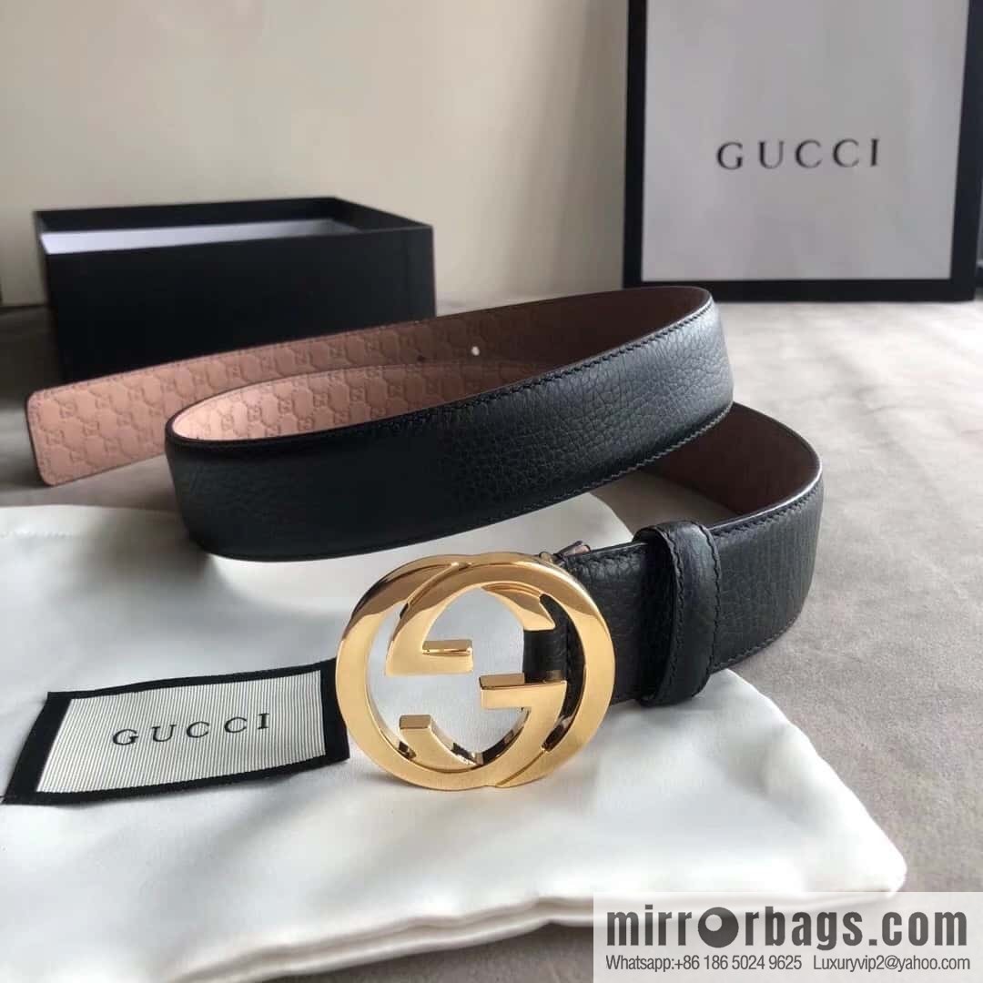 Gucci Gucci new 3.5cm men's and women's same full leather black gold/silver buckle GG belt