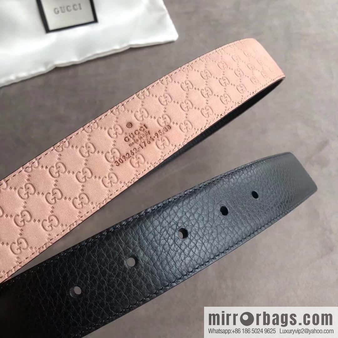 Gucci Gucci new 3.5cm men's and women's same full leather black gold/silver buckle GG belt