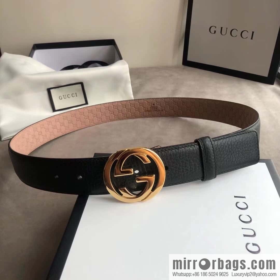 Gucci Gucci new 3.5cm men's and women's same full leather black gold/silver buckle GG belt