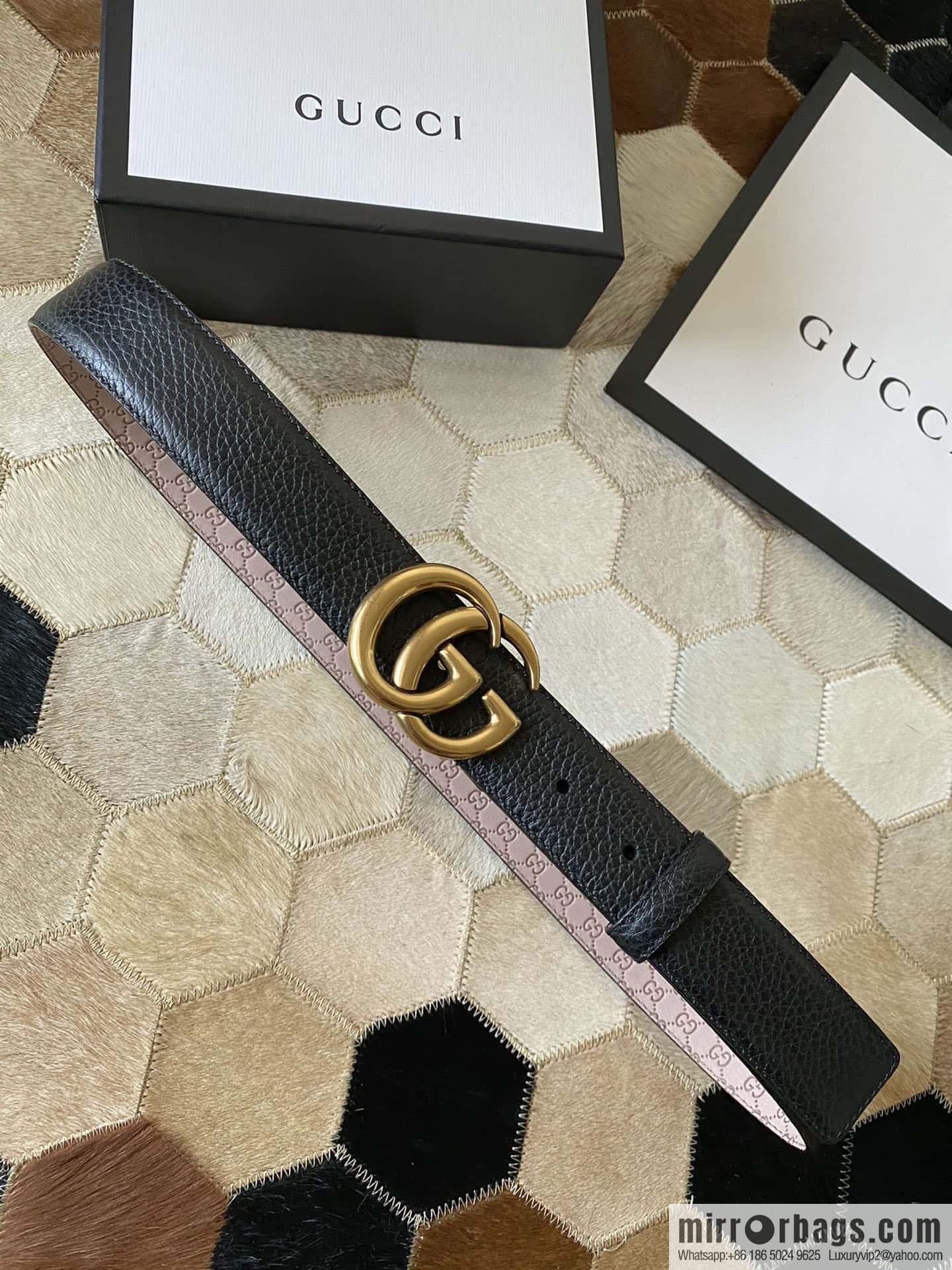 Gucci Gucci new 3.5cm men's and women's same full leather black gold/silver buckle GG belt