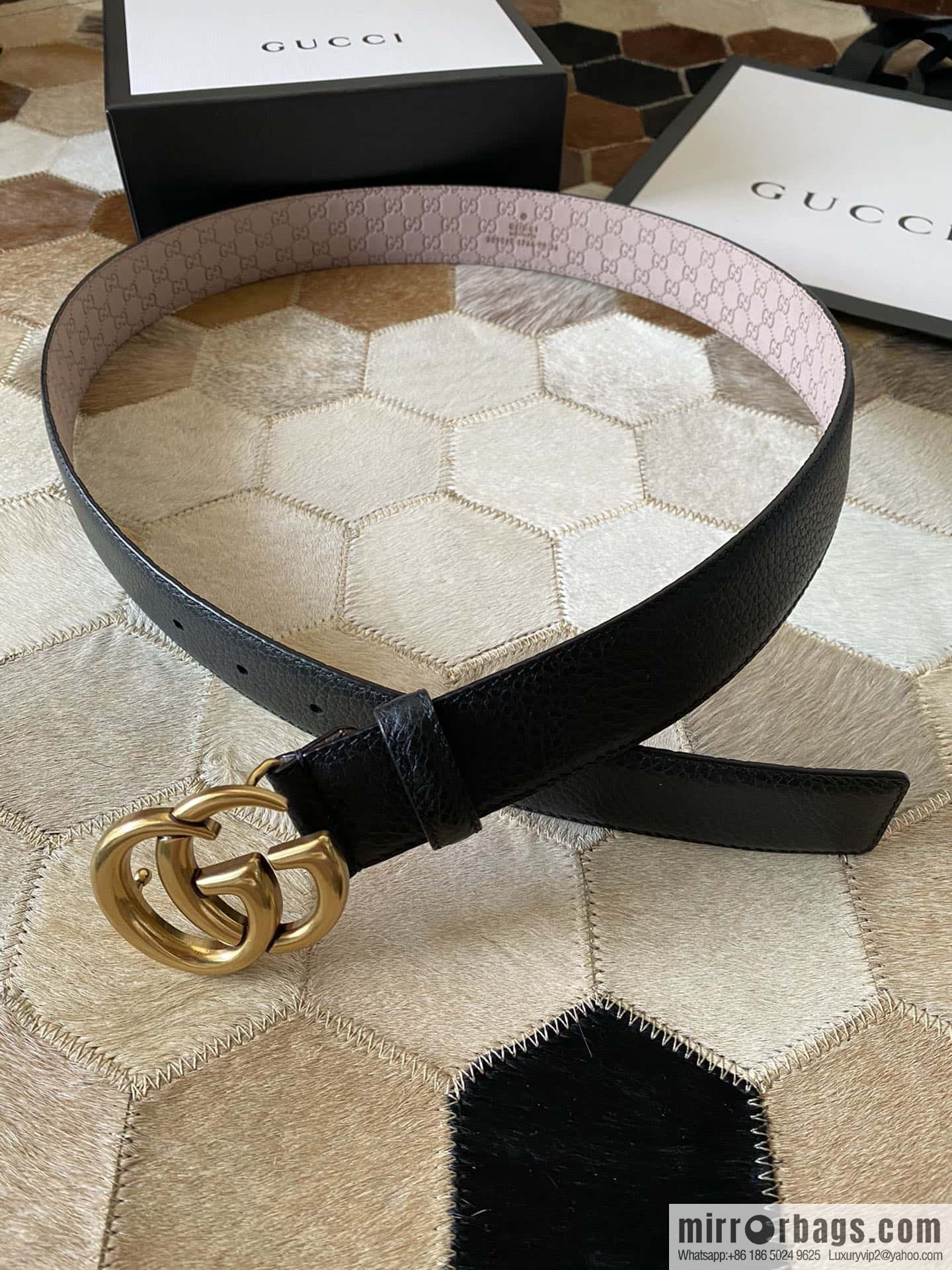 Gucci Gucci new 3.5cm men's and women's same full leather black gold/silver buckle GG belt
