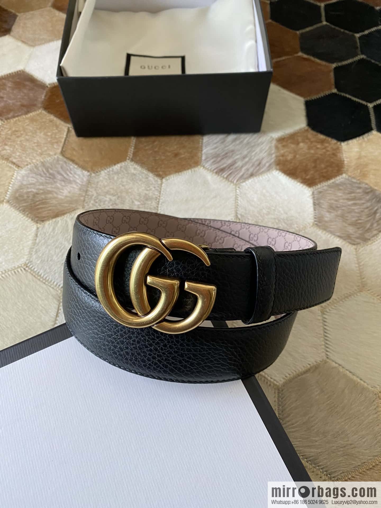 Gucci Gucci new 3.5cm men's and women's same full leather black gold/silver buckle GG belt