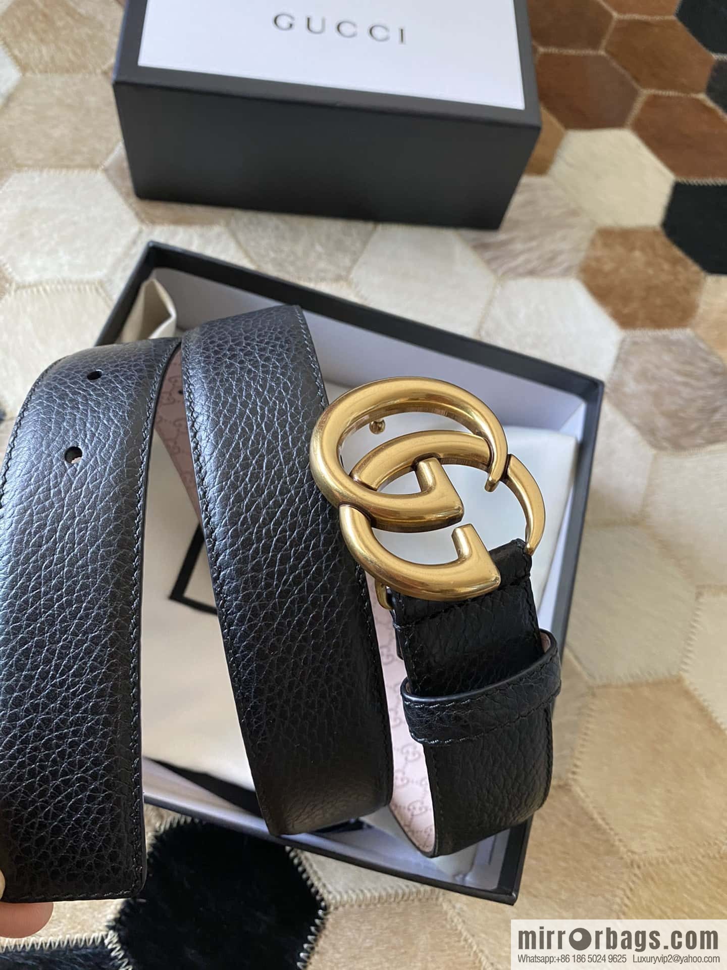 Gucci Gucci new 3.5cm men's and women's same full leather black gold/silver buckle GG belt