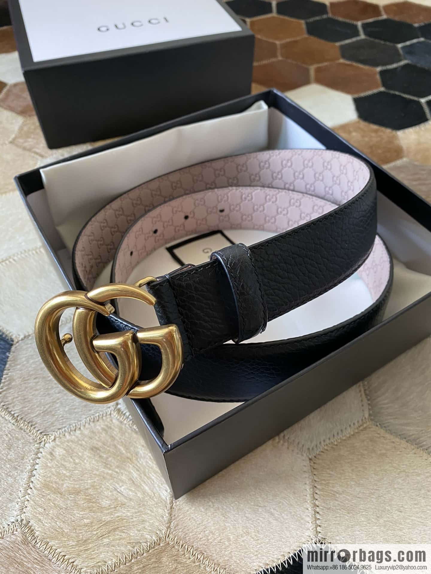 Gucci Gucci new 3.5cm men's and women's same full leather black gold/silver buckle GG belt