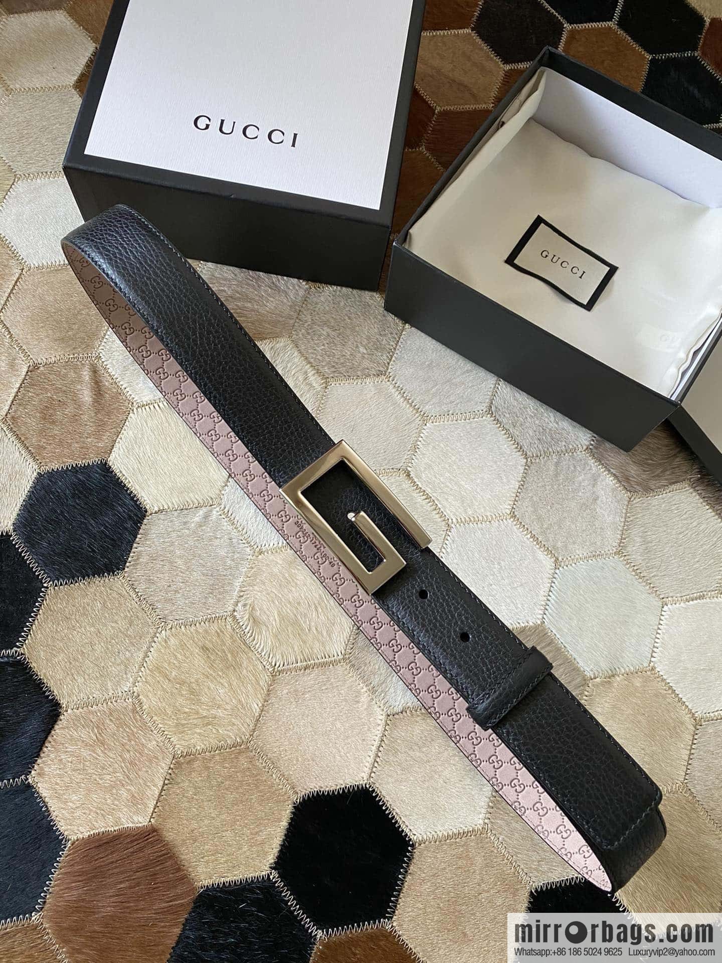 Gucci Gucci new 3.5cm men's and women's same full leather black gold/silver buckle GG belt