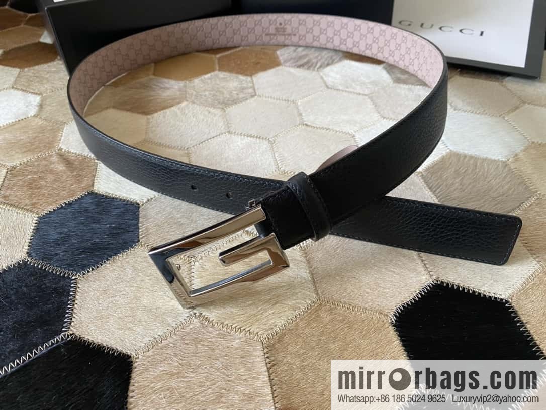 Gucci Gucci new 3.5cm men's and women's same full leather black gold/silver buckle GG belt